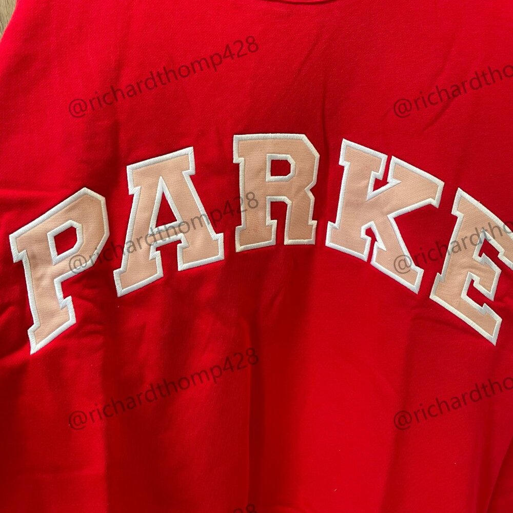 PARKE Red Mock Neck Sweatshirt Oversized Varsity Logo Crewneck - Picture 2 of 7